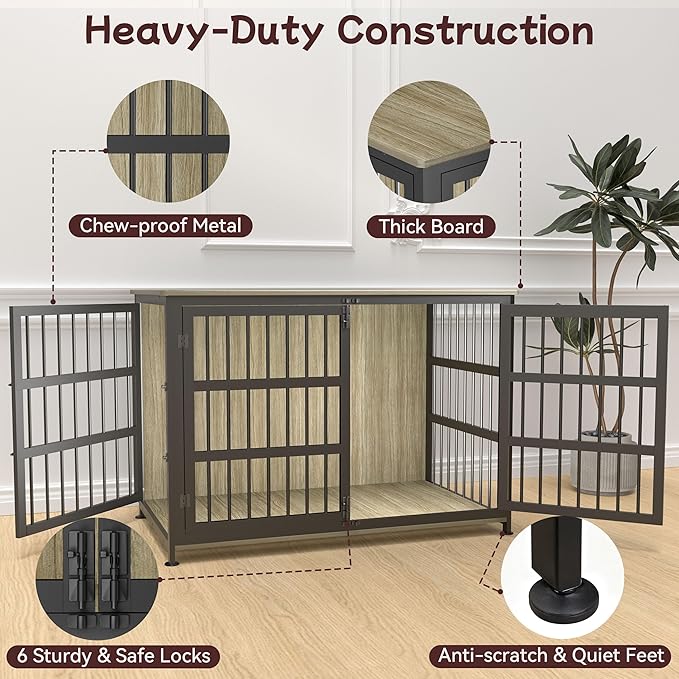 46'' Dog Crate Furniture Large Breed Dog Crate Dog Kennels for Inside Wooden Dog Crates End Table Heavy Duty Indoor Combination Cage for Medium to Large Dogs Maple