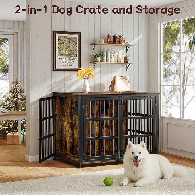 42'' Dog Crate Furniture Large Breed Dog Crate Dog Kennels for Inside Wooden Dog Crates End Table Heavy Duty Indoor Combination Cage for Medium to Large Dogs Walnut