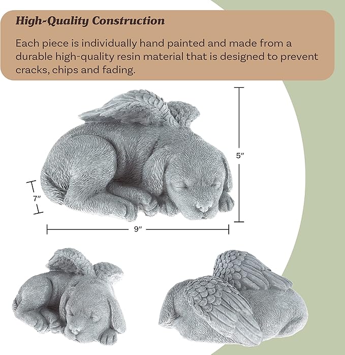 Pure Garden Sculpture Pet Memorial Statue, Sleeping Angel Dog, Stone Finish