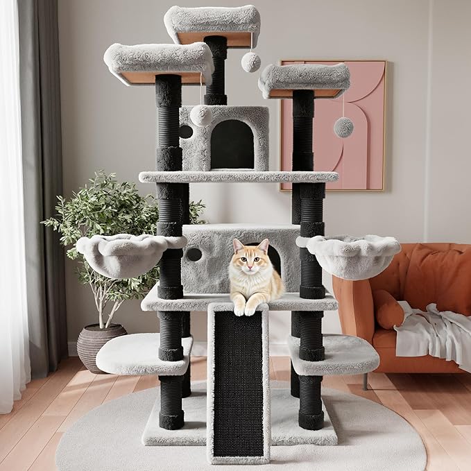 SHA CERLIN 68 Inches Multi-Level Large Cat Tree for Large Kitties/Big Cat Tower with Condo/Cozy Plush ‌Pussycat Perches/Sisal Scratching Posts and Hammocks/Activity Center/Black & Grey