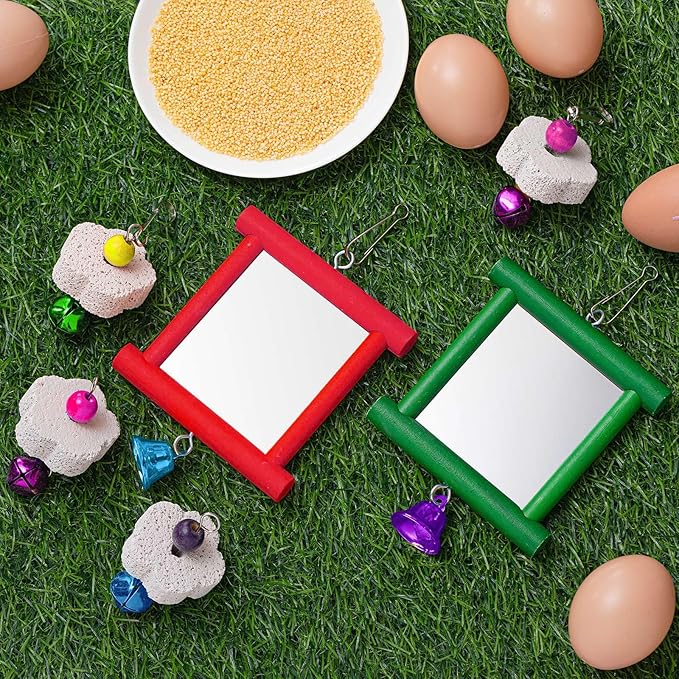 Sumind 2 Pieces Chicken Mirror Toys Hanging Swing Mirror with Bell Wooden Pecking Toy and 4 Pieces Beak Grinding Molar Stones for Hens Birds Parrots (Red,Green)