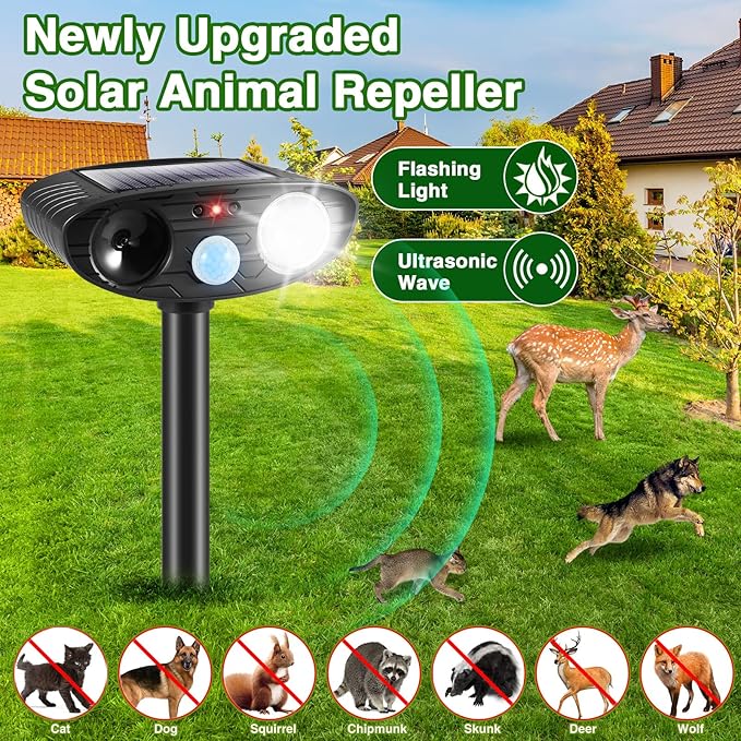 2026 Solar Ultrasonic Animal Repellent Outdoor,Deer Repellent Devices Squirrel Cat Raccoon Rabbit Dog Deterrent,Waterproof Motion Detection with Flash Light for Vegetable Garden,Backyard,Lawn 2Pack