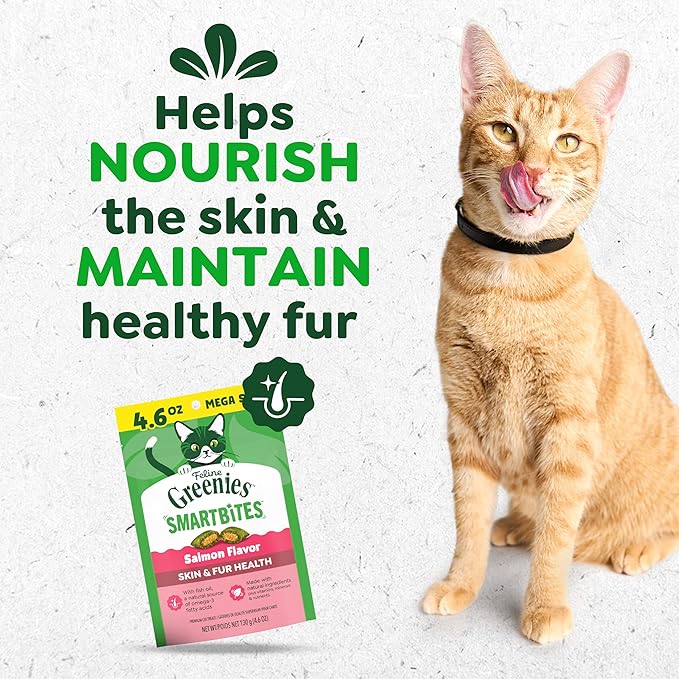 Greenies Cat Treats, Feline Smartbites, Skin & Fur Health, Crunchy and Soft Cat Treats, Salmon Flavor, 4.6 oz. Pack