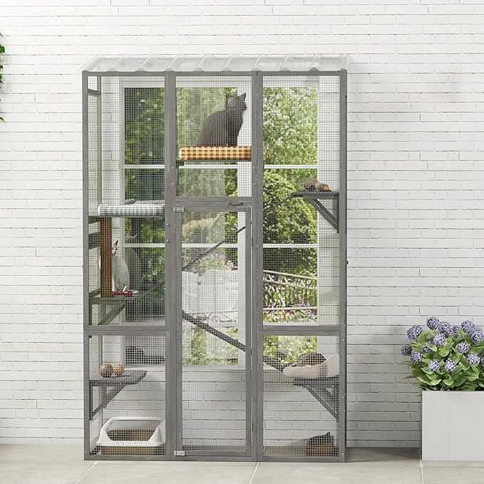 PawHut Outdoor Catio Cat Enclosure, Large Wooden Cat House with 6 Jumping Platforms, Scratching Post, 2 Ramps, Waterproof Roof, Cat Cage Window Access for 2-3 Kittens, 99" H, Gray