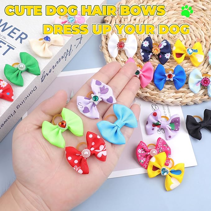 40PCS Christmas Dog Bows Cute Puppy Dog Small Bowknot Hair Bows with Rubber Bands Small Hairs Bowknot Pet Hair Accessories Pet Grooming Accessories for Party (Mixcolors with Gemstone)