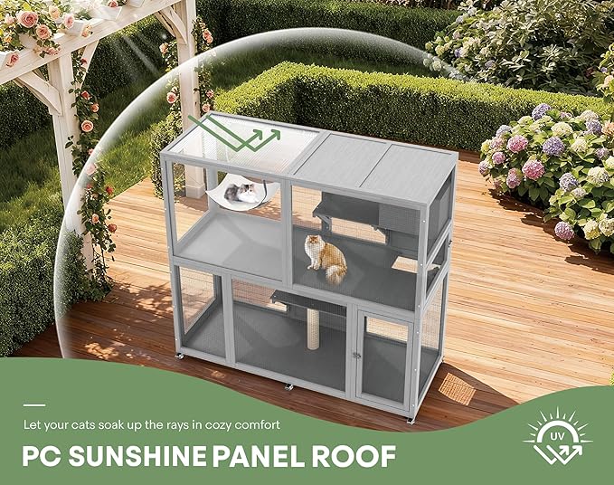 Catio Indoor Cat Enclosure on Wheels, 2-Tier Large Cat Catio for Multiple Cats, Wooden Kitty Cage with Resting Box, Platform, Sunshine Roof, Grey
