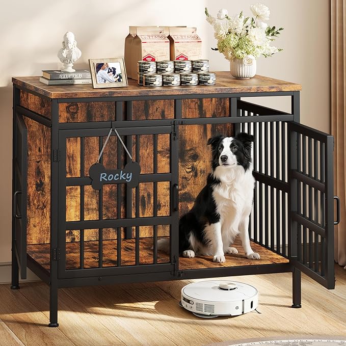 Large Dog Crate Furniture, Wooden Dog Kennel Furniture for Medium Large Dogs, Double-Doors Sturdy Metal Dog Cage for Anxiety Dog, Anti Escape Wooden Cage with Name Tag End Table, TV Stand Brown