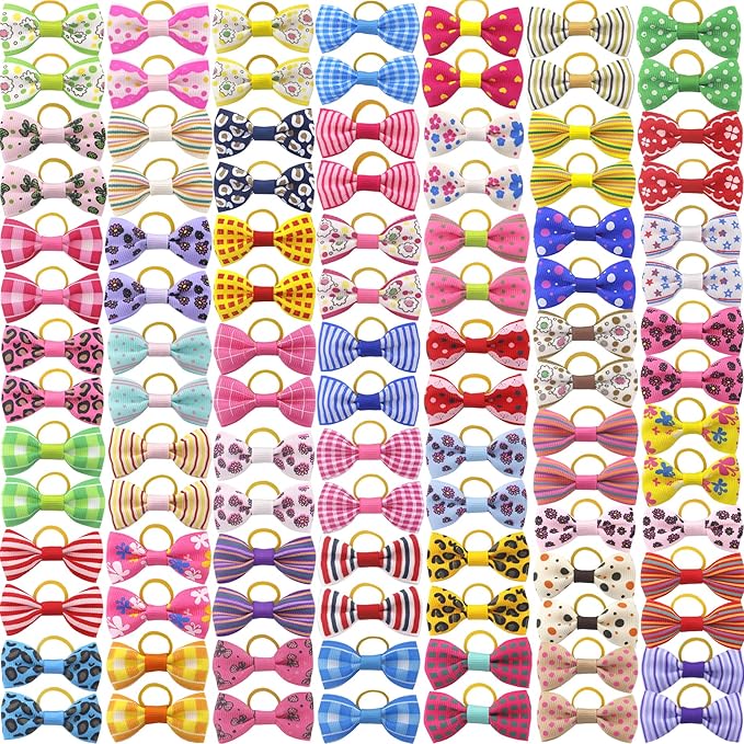 Puppy Dog Hair Bows: 2 inches with Rubber Bands Small Pet Grooming Girl Doggy Accessories 100pcs (50 Pairs)