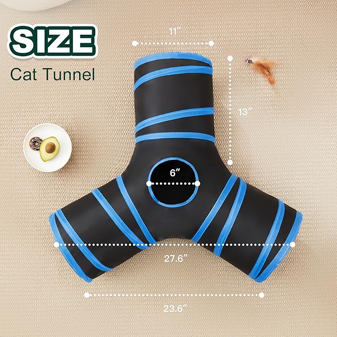 Love’s Cabin Cat Tunnel for Indoor Cats, 3-Way Collapsible Play Tunnel with Teaser Wand, Peek Holes & Toy Ball, Small Pet Toy for Kittens & Rabbits, Black & Royal Blue, Small Size