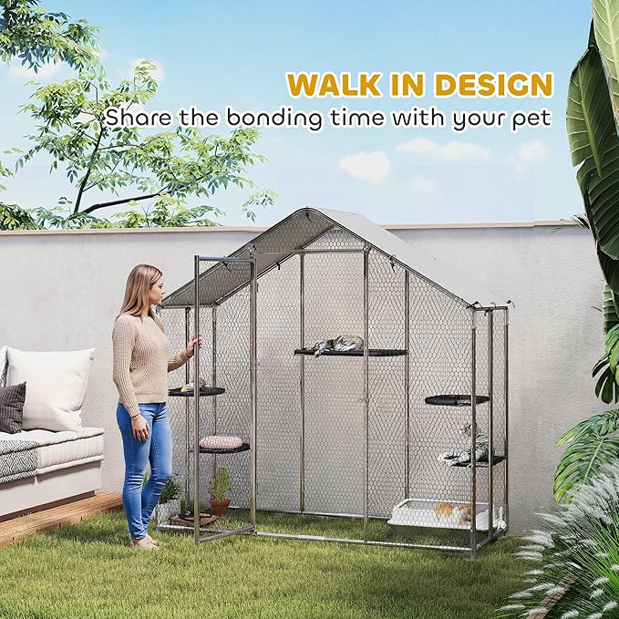 PawHut Large Catio Outdoor Cat Enclosure, Galvanized Steel Walk-in Cat Patio for Multiple Kittens, Outdoor Kitty Cage with Waterproof Cover, 5 Adjustable Platforms, Hammock, Chicken Coop Pointed Roof