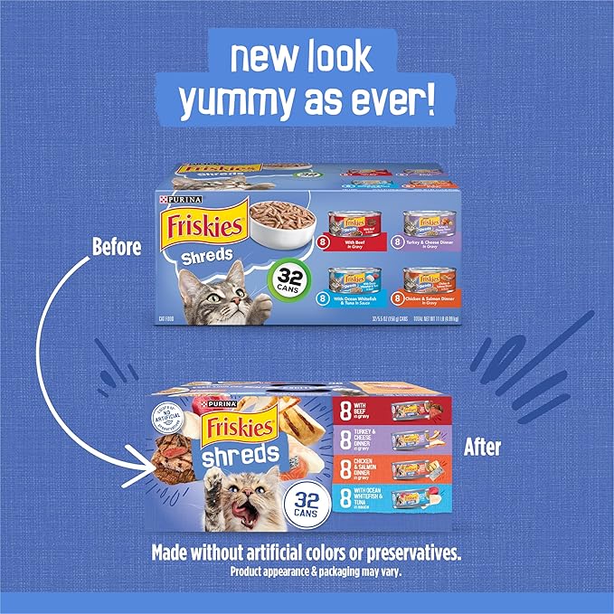 Friskies Purina Gravy Wet Cat Food Variety Pack,Savory Shreds with Beef,Turkey and Cheese Dinner,Chicken and Salmon Dinner,with Ocean Whitefish-and Tuna - 5.5 oz. Cans,(Pack of 64)
