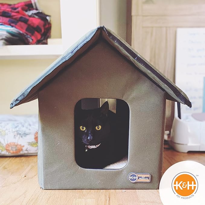 K&H Pet Products Outdoor Cat House for Outside Pets, Weatherproof Outdoor Cat House for Ferals, Insulated Kitty Shelter, 2 Doors, Waterproof Removable Floor Pad, Unheated - Olive/Olive