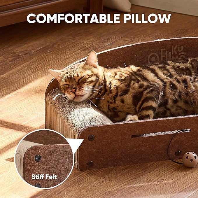 FUKUMARU 26 Inch Cat Scratcher Bed, 2 Reversible Cardboard Cat Scratch Pads Refill for Indoor Cats, Durable Large Cats Scratching Bed Sofa Couch Lounger with Fun Toys, Furniture Protector, Caramel