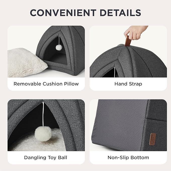 Bedsure Cat Beds for Indoor Cats - 2 in 1 Cat Cave House Tent for Kittens and Small Pets with Removable Washable Cushioned Pillow, Foldable Kitten Hideaway with Non-Slip Bottom, Dark Grey, 16 inches
