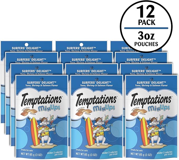 Temptations Cat Treats MixUps Surfer's Delight, Tuna, Shrimp, Salmon Flavor, Crunchy and Soft Cat Treats, 3 oz. Pouch (Pack of 12)