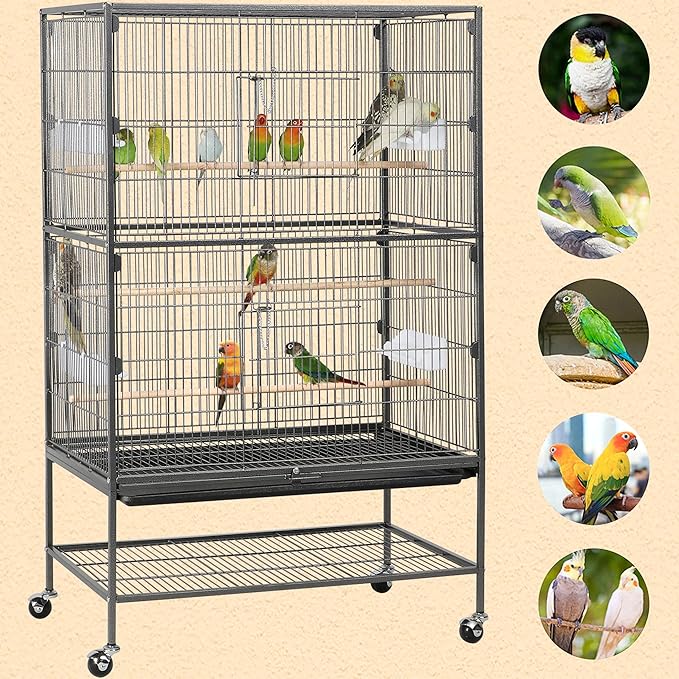 Yaheetech 52'' Bird cage w/Perches & Feeders, Large Birdcage with Pull-Out Tray, Rolling Wheels, Extra Storage, Flight Cage for Cockatiel, Parrot, Parakeet, Conure, Budgie, Pigeon Small/Medium Birds