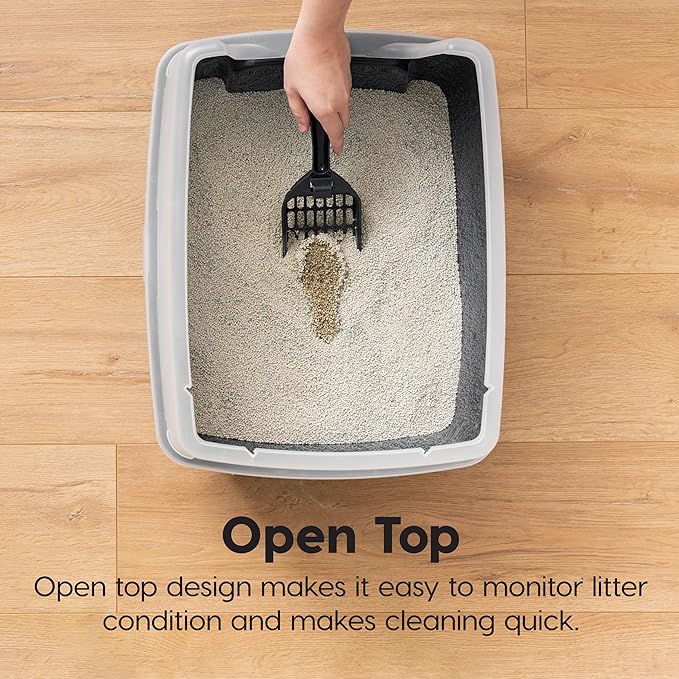 IRIS USA Large Open Top Cat Litter Box with High Sided Walls Tall Scatter Shield Scoop Included Easy Clean Plastic Pan Stain Resistant for Big Cats Kittens Indoor Multi-Cat Households