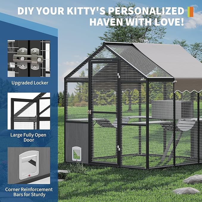 Large Outdoor Cat Enclosure for Multiple Cats - Weatherproof Catio with UV Cover, Platform & Side Door