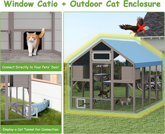 PetsCosset 71" H Catio Outdoor Cat Enclosure Large Wooden Walk in Cats House Outside Weatherproof Roof,Attached to House's Window,Cat's Door and Tunnel (94.4: Large Catio-P12N)