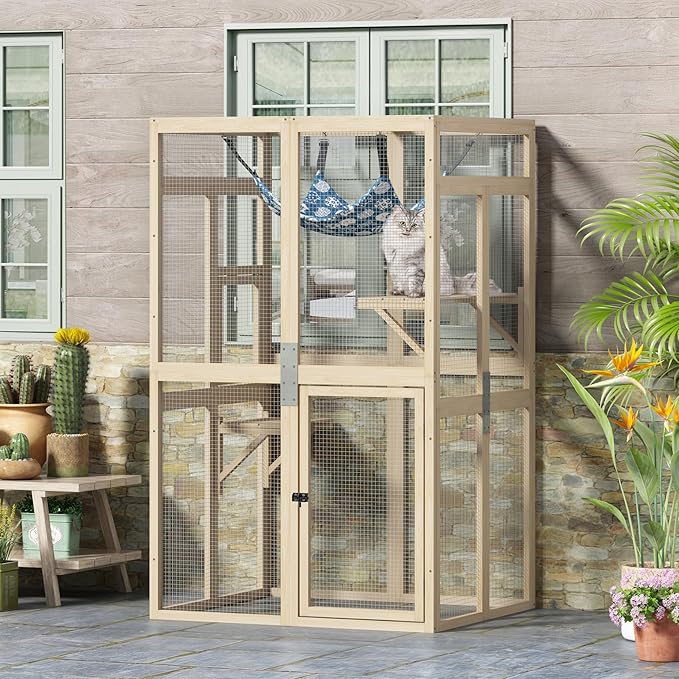 Catio Outdoor Cat Enclosure - Premium Wooden Cat Catio with Window Access & Breathable Mesh, Weatherproof Kitty House for Patio/Backyard/Indoor (Wood)
