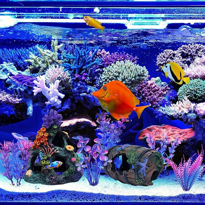 Fish Tank Decoration Betta Fish Aquarium Decorations Accessories, Aquarium Colorful Coral Reef Set, Coral Mountain x 1, Starfish Barrel x 1, Aquarium Decor Plants x 6