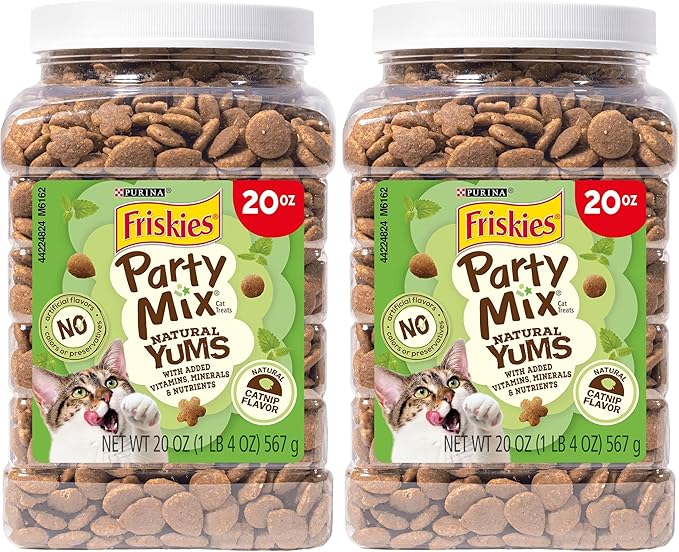 Friskies Purina Made in USA Facilities,Natural Cat Treats,Party Mix Natural YUMS Catnip Flavor - 20 Ounce,(Pack of 2)