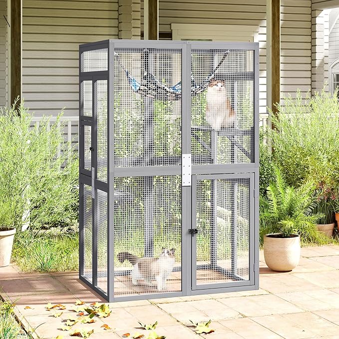 Catio Outdoor Cat Enclosure - Premium Wooden Cat Catio with Window Access & Breathable Mesh, Weatherproof Kitty House for Patio/Backyard/Indoor (Gray)