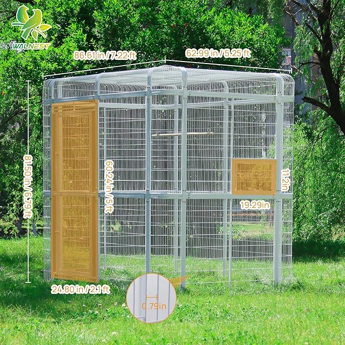 Large Walk-in Cage 87-inch Heavy Duty Bird Cage Outdoor Carbon Crystal Board Aviary Parrot Cage Wide Flight Metal Birdcage for Macaw Budgie Conure Lovebird Parakeet Cockatiel, 7.22x5.25x6.8ft, White