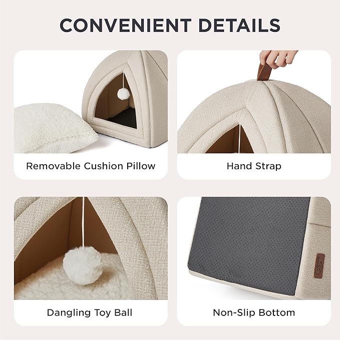 Bedsure Cat Beds for Indoor Cats - 2 in 1 Cat Cave House Tent for Kittens and Small Pets with Removable Washable Cushioned Pillow, Foldable Kitten Hideaway with Non-Slip Bottom, Beige, 17.3 inches