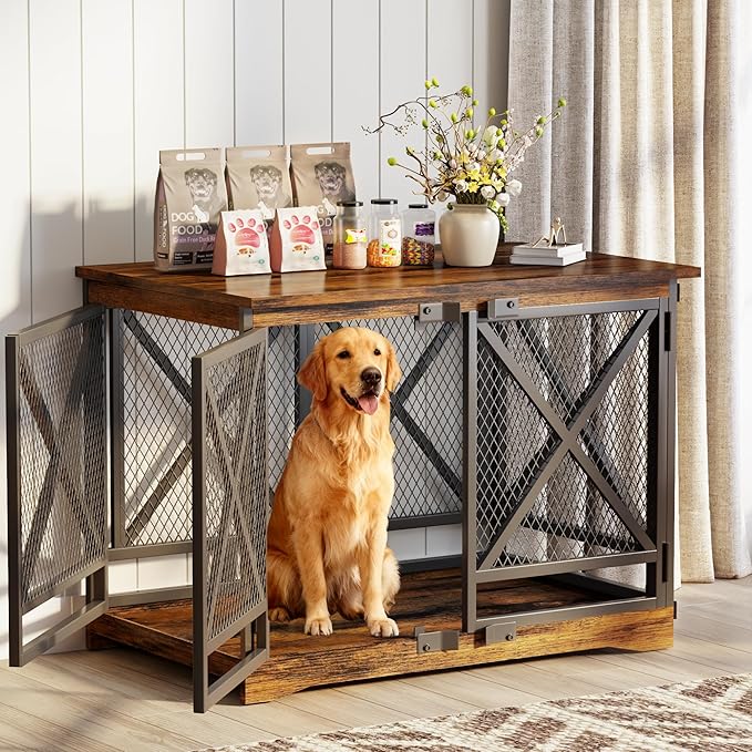 COZPAW Large Dog Crate Furniture - 48 inch Heavy Duty Dog Kennel Indoor for XLarge Breed with Double Doors, Wooden Dog Cage XL Modern Decorative End Table Pet House (Brown)