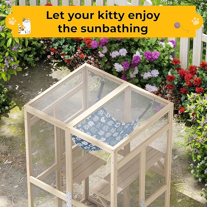 COZIWOW Upgraded Outdoor Cat Catio with Window Access & Jumping Platforms, Weatherproof Wooden Cat Enclosure for Patio/Garden/Backyard (Wood, 2 Platforms + Hammock, Supports 44lbs)