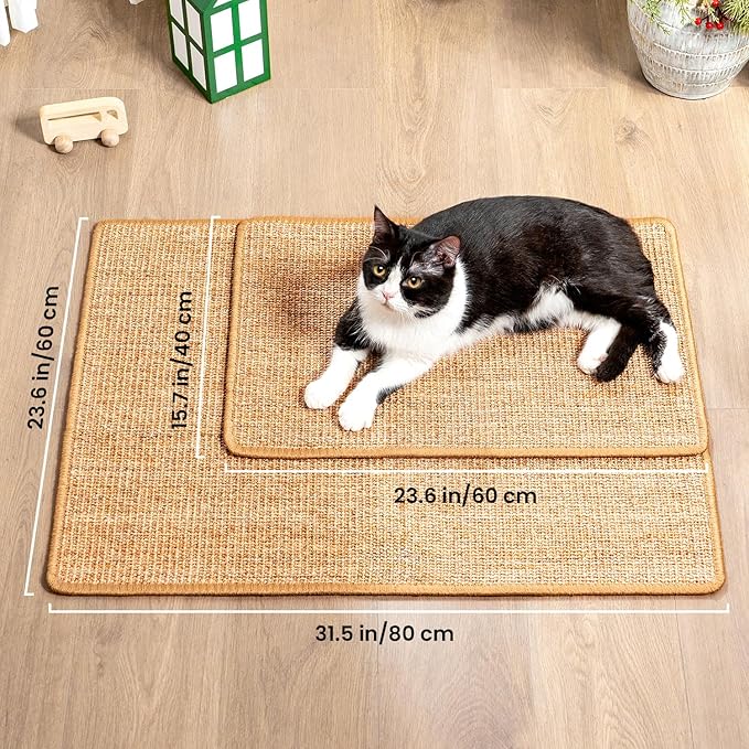 Cat Scratcher Mat,Natural Sisal Cat Scratch Pad with Hook&Loop Tape,Horizontal Floor Kitten Scratching Pads Rug for Indoor,Pet Furniture Protector for Couch&Carpets&Sofas, Large, Brown