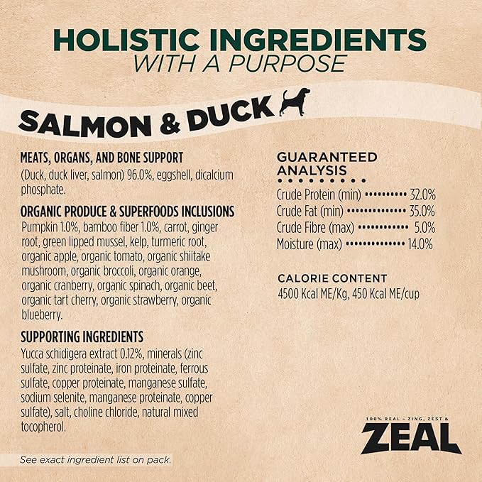 ZEAL Canada Air-Dried Salmon & Duck Recipe for Dogs - Superfood Omega-3 Rich, Dual-Protein, Grain Free, No Fillers, Complete Nutrition (Salmon & Duck, 5.5 lb)