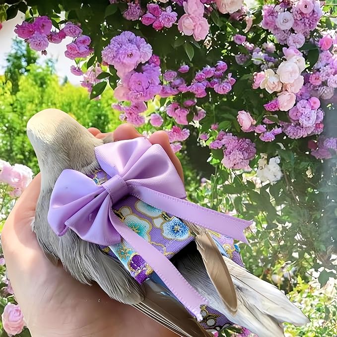 2 Pcs Bird Diapers Bird Harness Flight Suits Diapers with 80in Flying Leash Reusable Parrot Nappy with Waterproof Inner Layer for Cockatiel Budgie Conure Parakeet Lovebird-Red&Purple Sakura