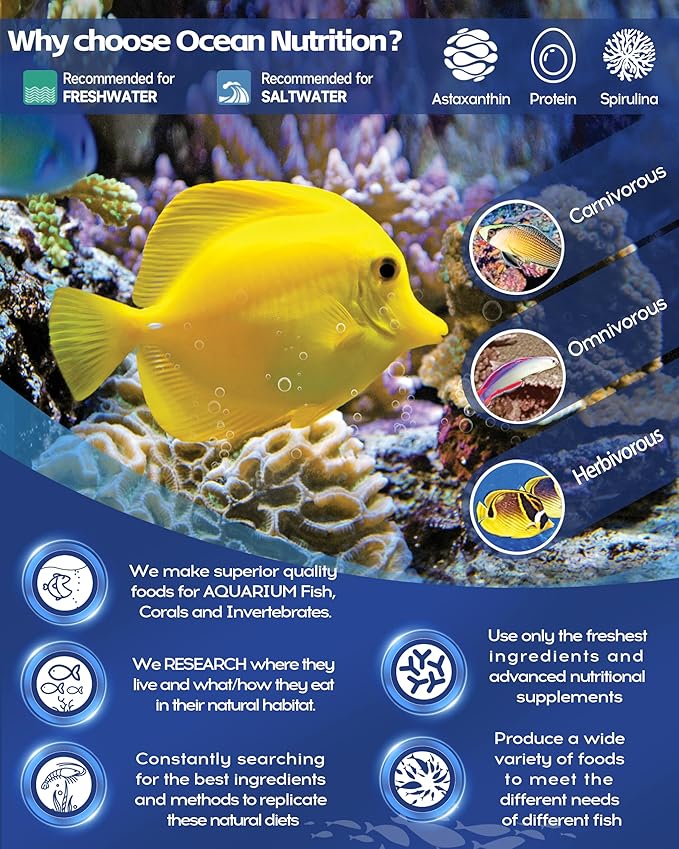 Ocean Nutrition Spirulina Flake Fish Food - Natural Ingredient Fish Food Flakes for Betta Fish and All Tropical Fish - Supports Health & Coloration, Does Not Cloud Water, Made in USA, 2.5 oz (70 g)