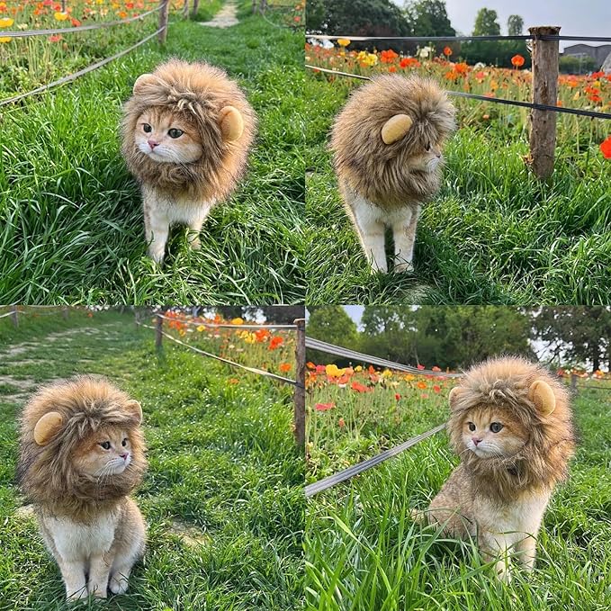 Lion Mane Wig for Cats, Adjustable Washable, Cat Lion Mane Wig for Halloween (Small)
