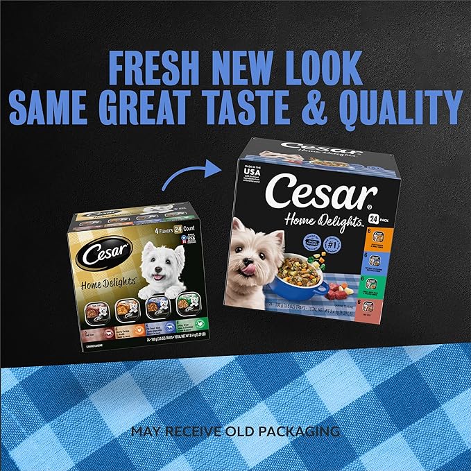 Cesar Home Delights Adult Wet Dog Food, Pot Roast with Spring Vegetables, Beef Stew, Turkey, Green Beans, & Potatoes, and Hearty Chicken & Noodle Dinner in Sauce Variety Pack, 3.5 oz. 24 Count