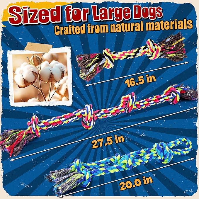 Tough & Strong Dog Toy for Aggressive Chewers – Tough Chew Toys for Large Dogs, Ideal for Tug-of-War & Teeth Cleaning, with 3 Rope Toys & 2 Dog Bags