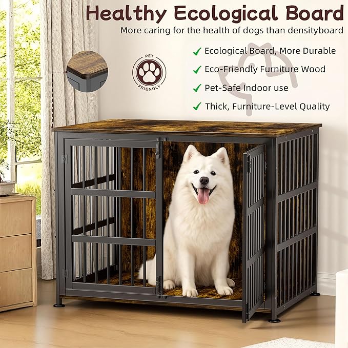 42'' Dog Crate Furniture Large Breed Dog Crate Dog Kennels for Inside Wooden Dog Crates End Table Heavy Duty Indoor Combination Cage for Medium to Large Dogs Walnut