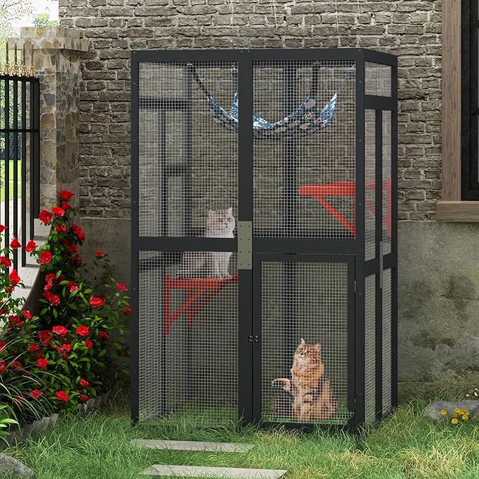 COZIWOW Upgraded Outdoor Cat Catio with Window Access & Jumping Platforms, Weatherproof Wooden Cat Enclosure for Patio/Garden/Backyard (Wood, 2 Platforms + Hammock, Supports 44lbs)