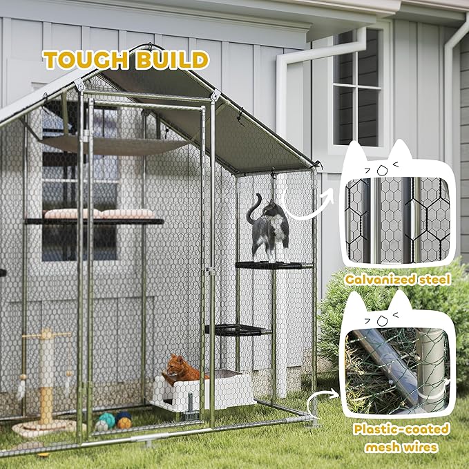 PawHut Large Catio Outdoor Cat Enclosure, Galvanized Steel Walk-in Cat Patio for Multiple Kittens, Outdoor Kitty Cage with Waterproof Cover, 5 Adjustable Platforms, Hammock, Chicken Coop Pointed Roof