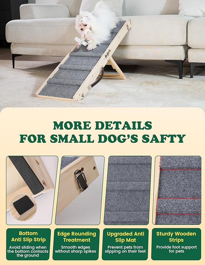 Dog Ramp Dog Stairs for Small Dogs Foldable Dog Ramp with 4 Adjustable Heights from 7.48'' to 15.35" Wood Pet Ramp with Non Slip Carpet Portable Puppy Ramp for Couch, Sofa, Low Bed