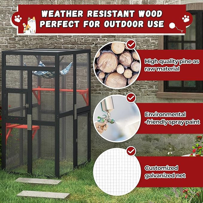COZIWOW Upgraded Outdoor Cat Catio with Window Access & Jumping Platforms, Weatherproof Wooden Cat Enclosure for Patio/Garden/Backyard (Wood, 2 Platforms + Hammock, Supports 44lbs)