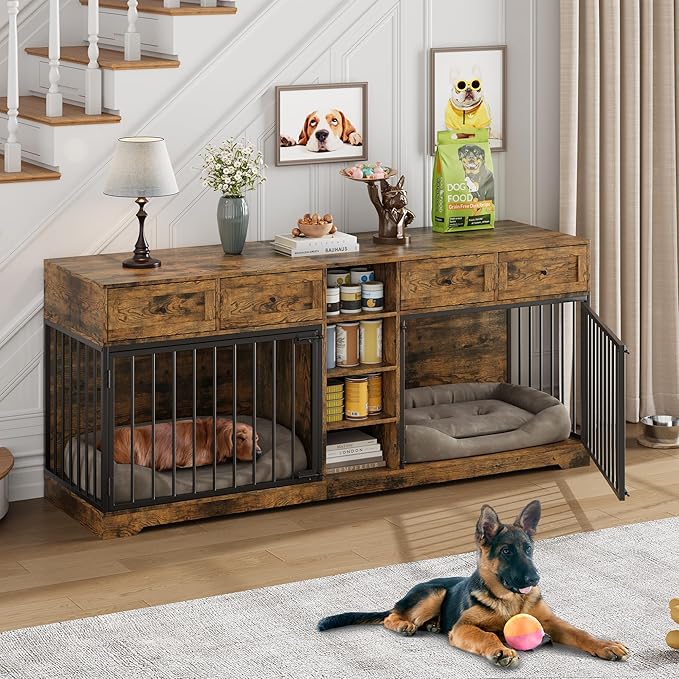GAOMON 82 Inch Double Dog Crate Furniture with 4 Storage Drawers, Heavy Duty Extra Large Dog Kennel TV Stand for 2 Large Dogs, Wooden Indoor Pet House with 4 Open Shelves, Rustic Brown