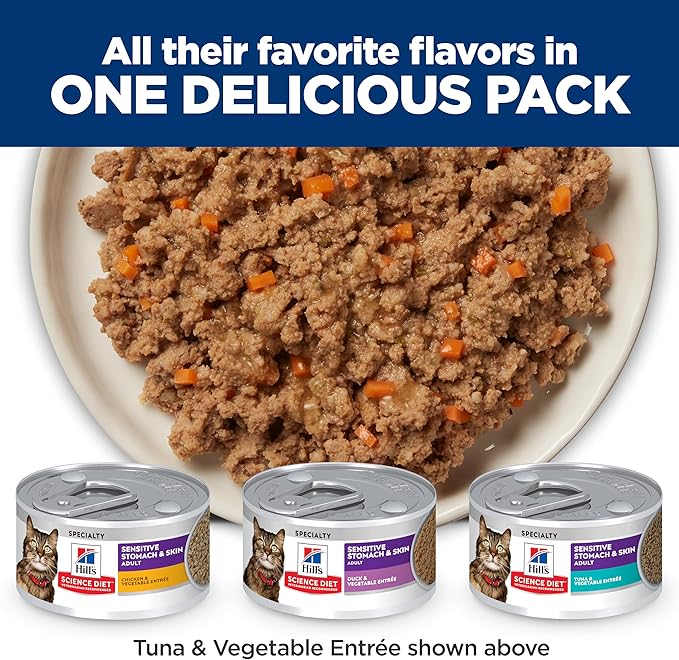 Hill's Science Diet Adult 1-6 Sensitive Stomach & Sensitive Skin Wet Cat Food, Variety Pack: Chicken, Tuna, & Duck, 2.9 oz. Cans, 12-Pack