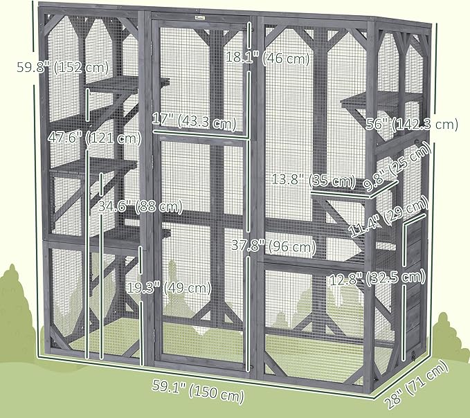 PawHut Catio Outdoor Cat Enclosure, Large Wooden Cat House with 6 Jumping Platforms, Weatherproof Roof, Outdoor Cat Cage Cat Shelter for 1-3 Cats, 59" x 28" x 60", Gray