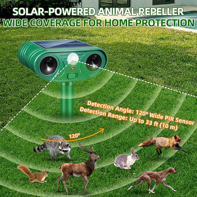 2026 Solar Animal Repellent Outdoor&Cat Repellent Outdoor with Motion Deer Repellent Devices Ultrasonic Cat Deterrent Fox Raccoon Squirrel Rabbit Coyote Deterrent for Farm Orchard Garden 4 PCS