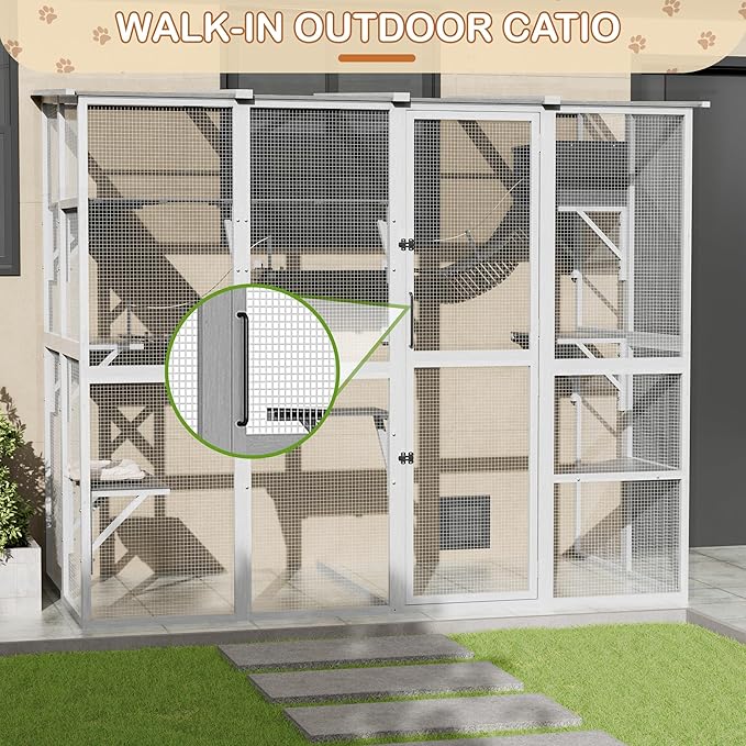 Large Walk-in Catio Wooden cat Houses for Multiple Outdoor Cats, Outdoor cat Enclosure with 4 Bridges & Transparent PVC Roof & sisal Scratcher, Kitty cat Condo Shelters (White)