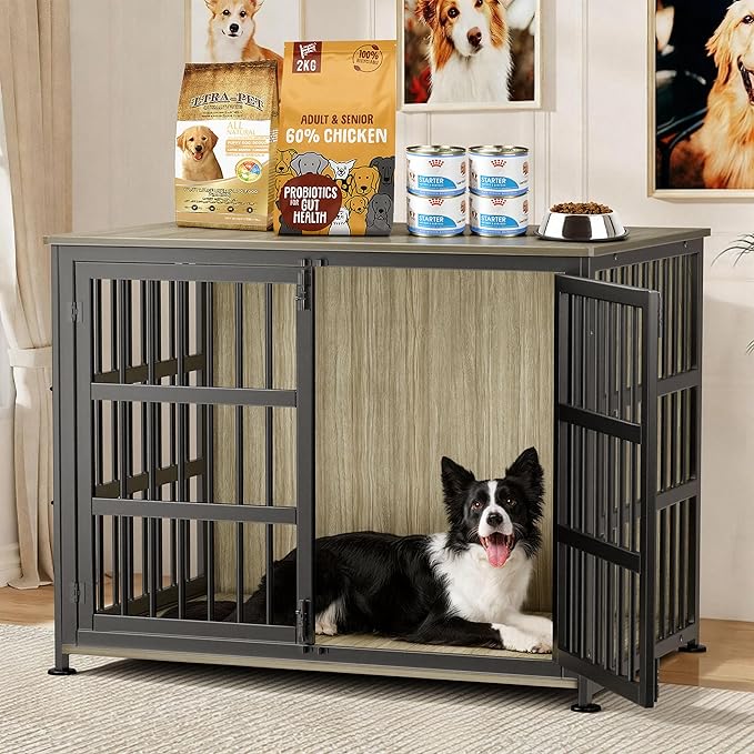 42'' Dog Crate Furniture Large Breed Dog Crate Dog Kennels for Inside Wooden Dog Crates End Table Heavy Duty Indoor Combination Cage for Medium to Large Dogs Maple