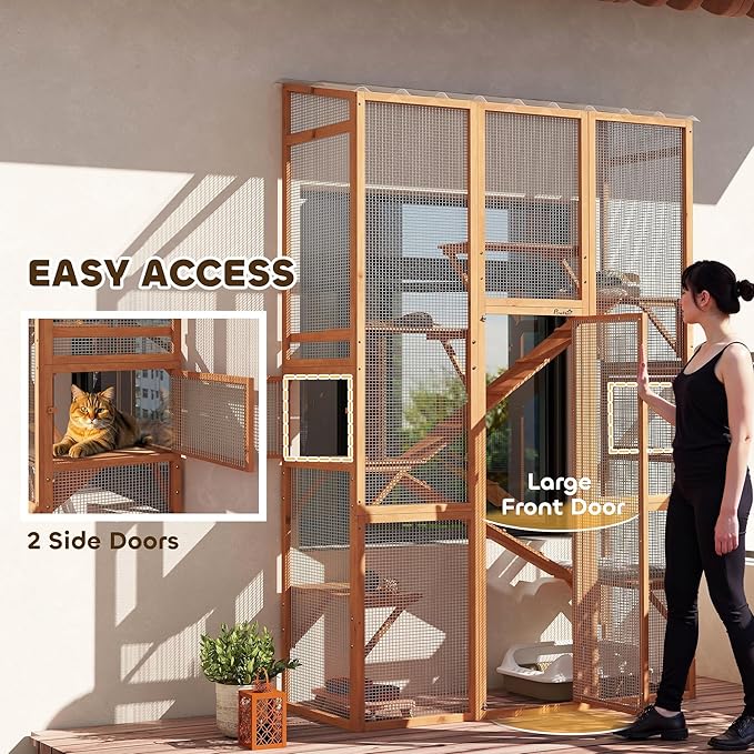 PawHut Outdoor Catio Cat Enclosure, Large Wooden Cat House with 6 Jumping Platforms, Scratching Post, 2 Ramps, Waterproof Roof, Cat Cage Window Access for 2-3 Kittens, 99" H, Orange
